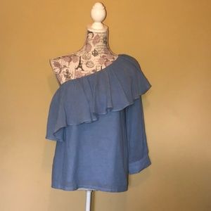 NWT.  Loft Blue One Shoulder Blouse w/Ruffle
